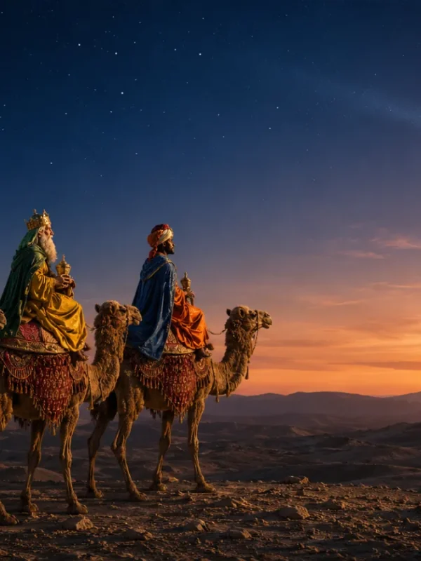 I Re Magi a dorso di cammello in viaggio sotto la stella cometa, in un'illustrazione che riprende lo stile classico delle statuine da 10 cm di Moranduzzo disegnate da Martino Landi.