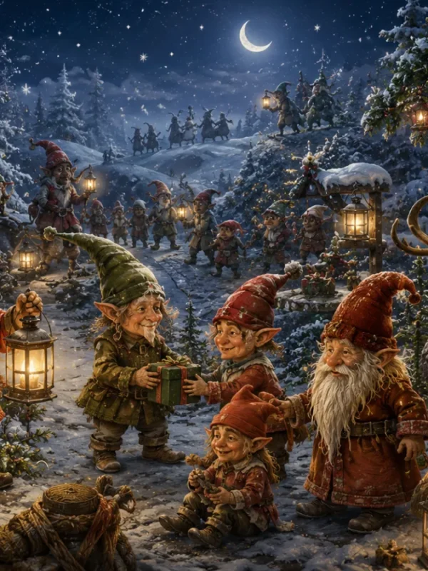 Gruppo di folletti di Natale intenti a camminare in un magico villaggio innevato sotto la luna, portando lanterne e doni in un'atmosfera fiabesca.