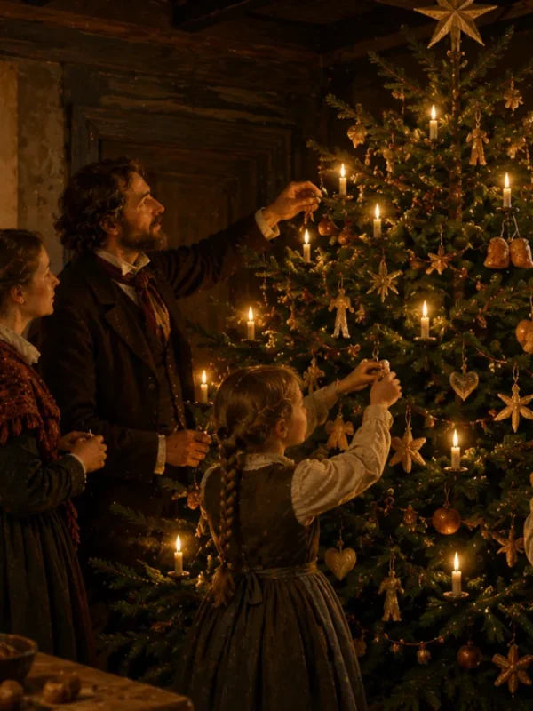Scena d'epoca di una famiglia ottocentesca riunita a decorare e illuminare con candele un grande albero di Natale tradizionale, in un'atmosfera calda e familiare.