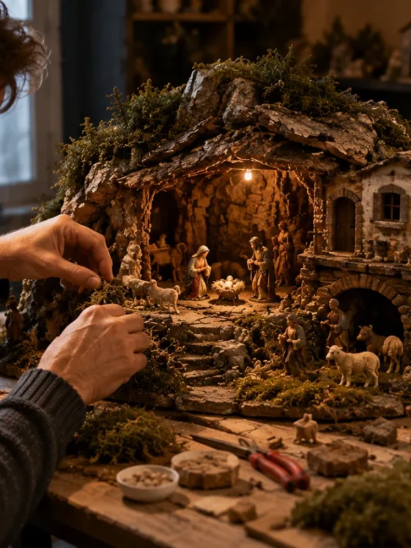 Lavoro artigianale sulla scena di un presepe di Natale