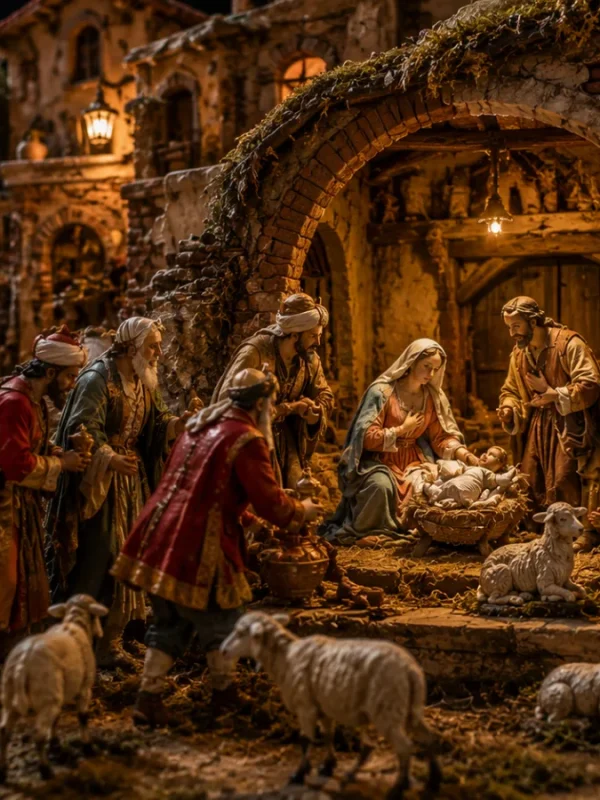 Scenografico presepe napoletano tradizionale con statuine artigianali, ambientato in un antico borgo con la scena della Natività e i Re Magi.