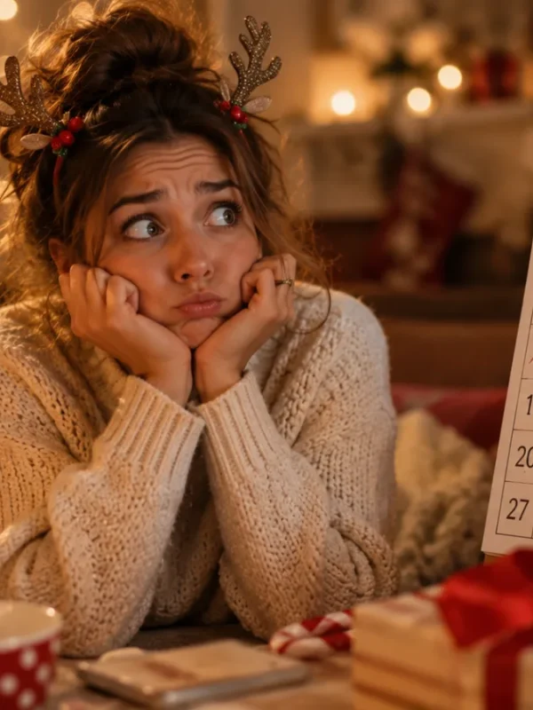 Donna pensierosa con cerchietto da renna guarda un calendario di dicembre con i giorni barrati, tra regali e luci di Natale.