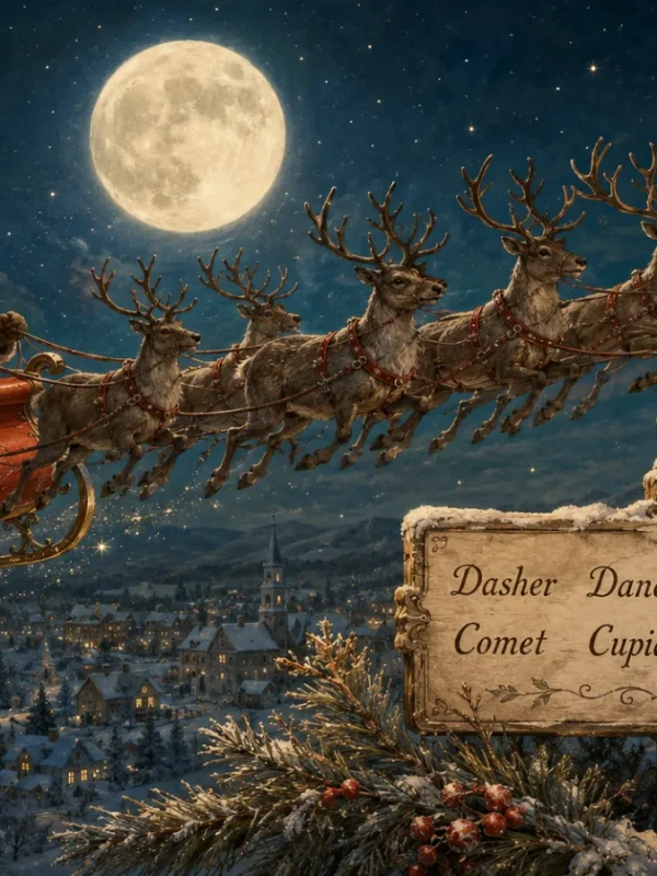 Babbo Natale che vola sulla slitta trainata dalle sue renne sopra un villaggio innevato sotto la luce della luna piena, con un cartello che indica i nomi delle renne