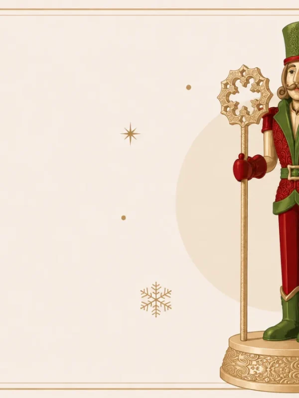 Illustrazione elegante di un soldatino Schiaccianoci firmato Moranduzzo, con uniforme rossa e verde, cappello coordinato e scettro decorato, su sfondo chiaro con dettagli natalizi.