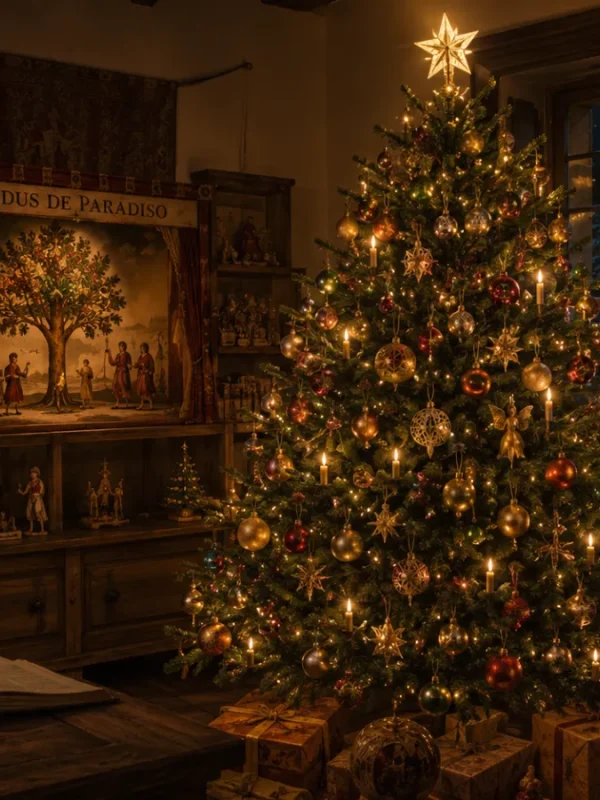 Grande albero di Natale tradizionalmente illuminato e decorato all'interno di un caldo salotto d'epoca, circondato da simboli storici e sacri rappresentativi del significato spirituale dell'albero.
