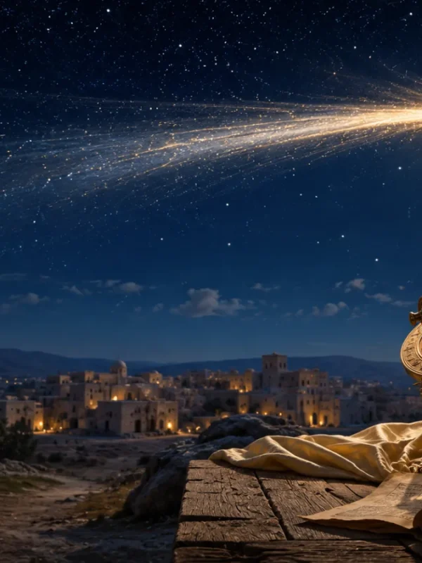 Luminosa stella cometa nel cielo notturno stellato che illumina un antico villaggio, con strumenti astronomici e pergamene in primo piano.