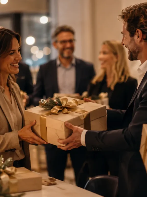 Scambio di regali e strenne aziendali tra colleghi in un ufficio elegante e decorato per le feste di Natale 2026.