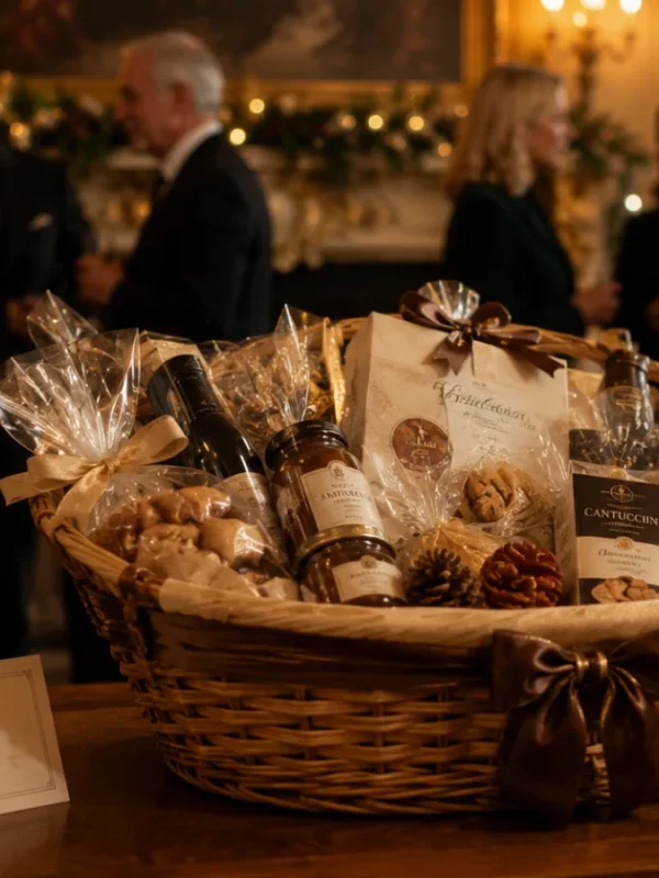 Elegante cesto regalo natalizio colmo di prodotti tipici e prelibatezze, posto su un tavolo durante una festa, in riferimento alla tradizione della strenna di Natale.