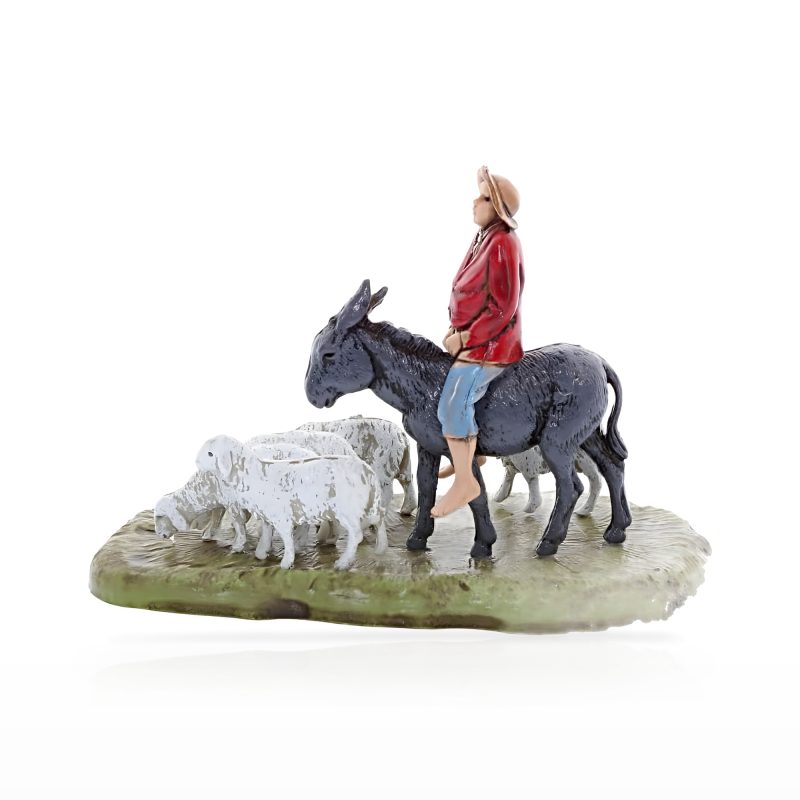 Hombre en Burro con Ovejas Mini 6 Napolitano para Belenes a escala 1:32