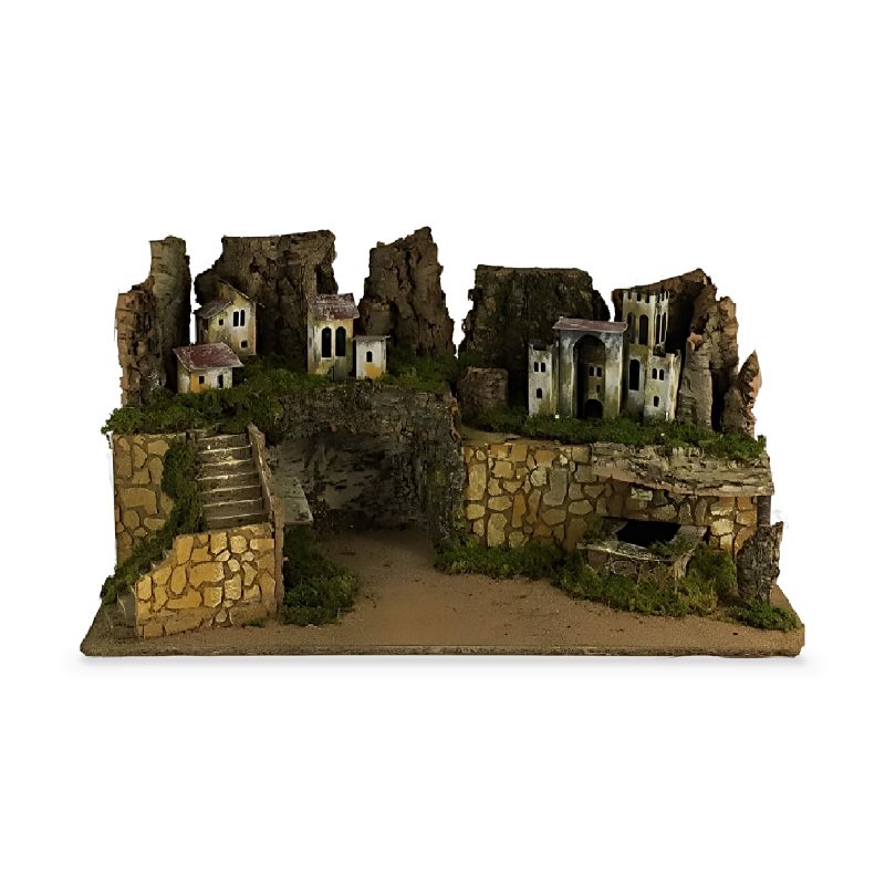 Paisaje electrificado con fuego, fuente y luces 78x45x36 a escala 1:20 para belenes