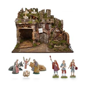 Presepe Completo 60x34x44 cm con Luci, Mulino ad Acqua e 9 Personaggi 10 cm, Scala 1:20