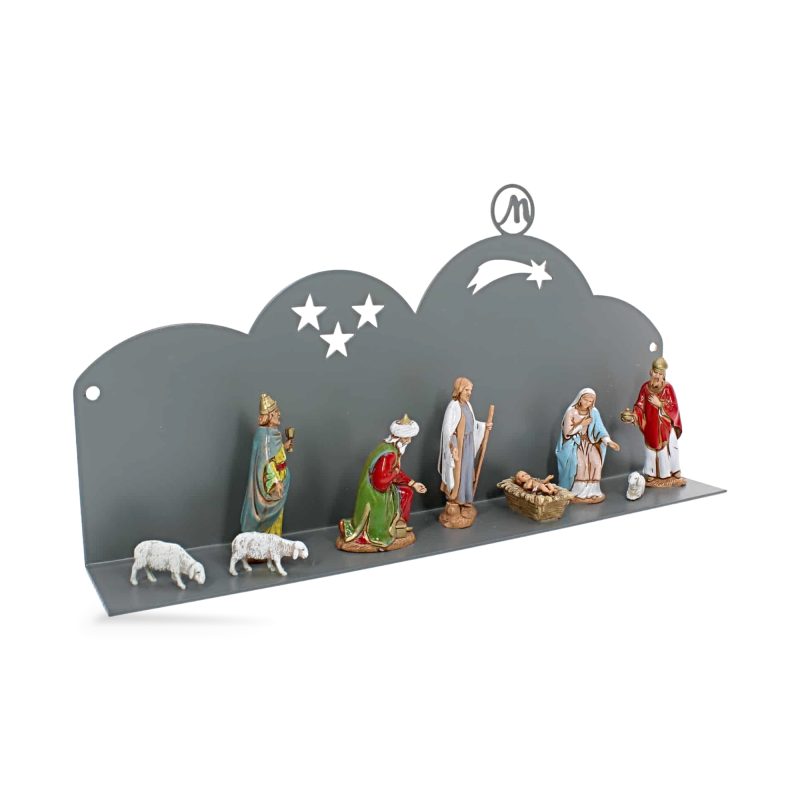 Crèche murale moderne 30x5x10 cm en métal gris RAL 7005 Complet avec 9 Personnages h cm 6,50