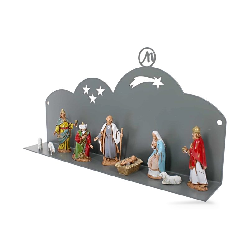 Crèche murale moderne 30x5x10 cm en métal gris RAL 7005 Complet avec 9 Personnages h cm 6,50