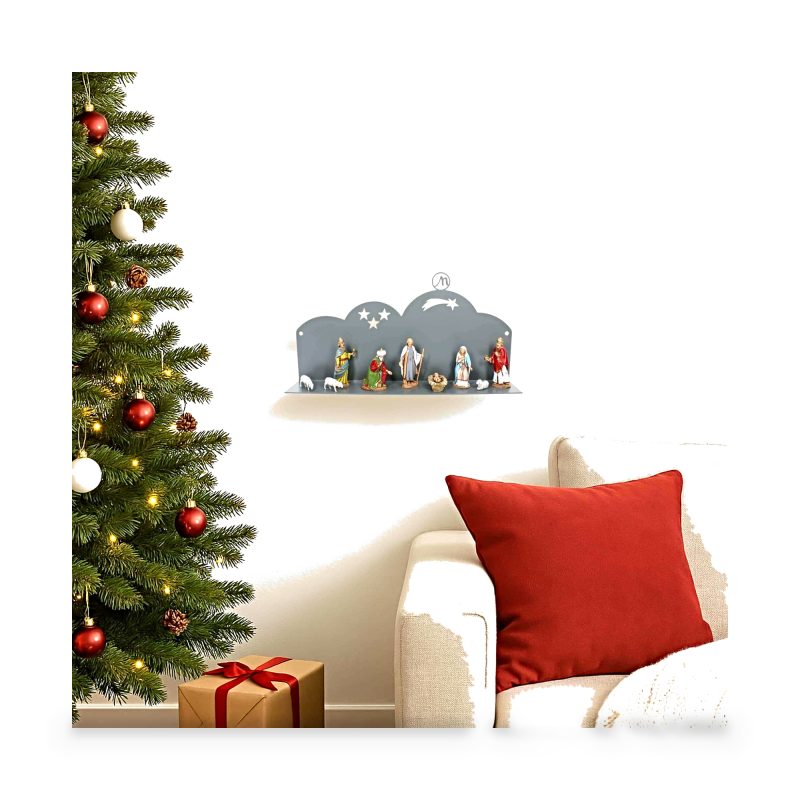 Crèche murale moderne 30x5x10 cm en métal gris RAL 7005 Complet avec 9 Personnages h cm 6,50