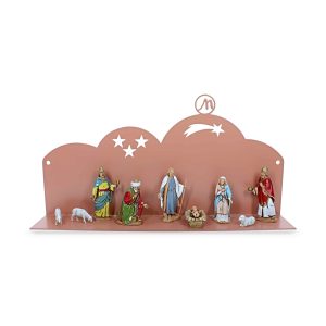 Presepe Moderno da Parete 30x5x10 cm in Metallo Beige Rosato RAL 3012 Completo di 9 Personaggi h cm 6,50