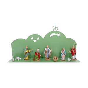 Presepe Moderno da Parete 30x5x10 cm in Metallo Verde Chiaro RAL 6021 Completo di 9 Personaggi h cm 6,50