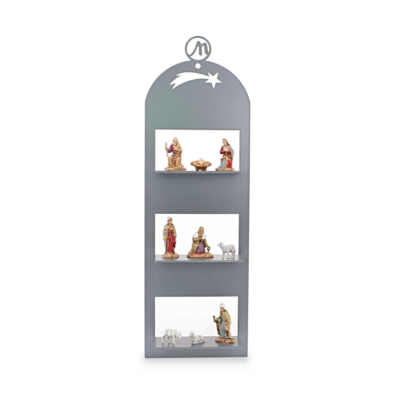 Crèche murale moderne 10x5x30 cm en métal gris RAL 7005 Complet avec 9 Personnages h cm 3,50