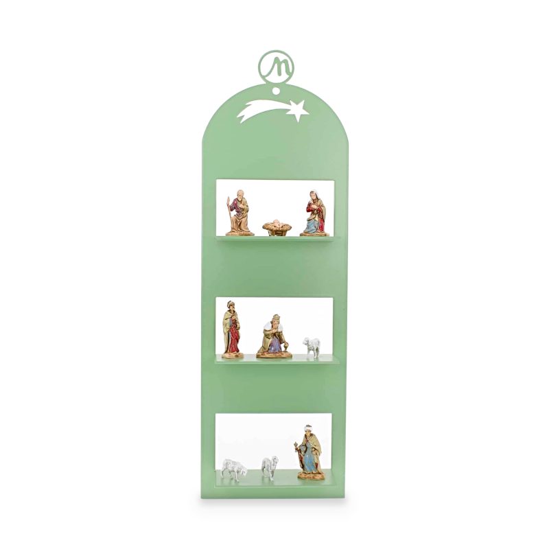 Belén Moderno de Pared 10x5x30 cm en Metal Verde Claro RAL 6021 Completo con 9 Caracteres h cm 3,50