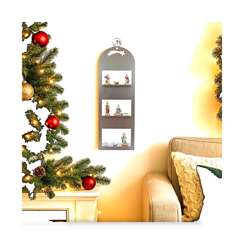 Belén Moderno de Pared 10x5x30 cm en Metal Marrón RAL 8025 Completo con 9 Caracteres h cm 3,50