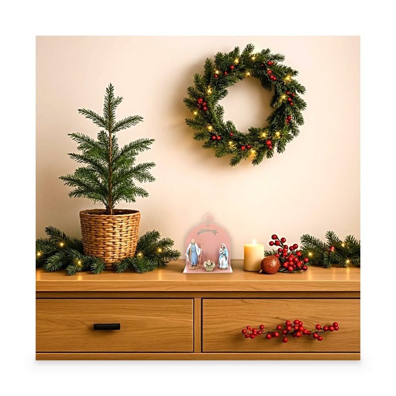 Belén Moderno de Pared 10x5x10 cm en Metal Rosa Beige RAL 3012 con Belén 3 Piezas h cm 6,50