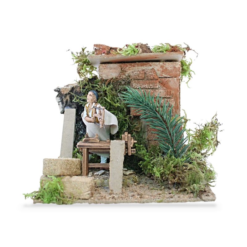 Carpenter Sawing 220V Cored Wood for Nativity Scenes 1:20 Scale