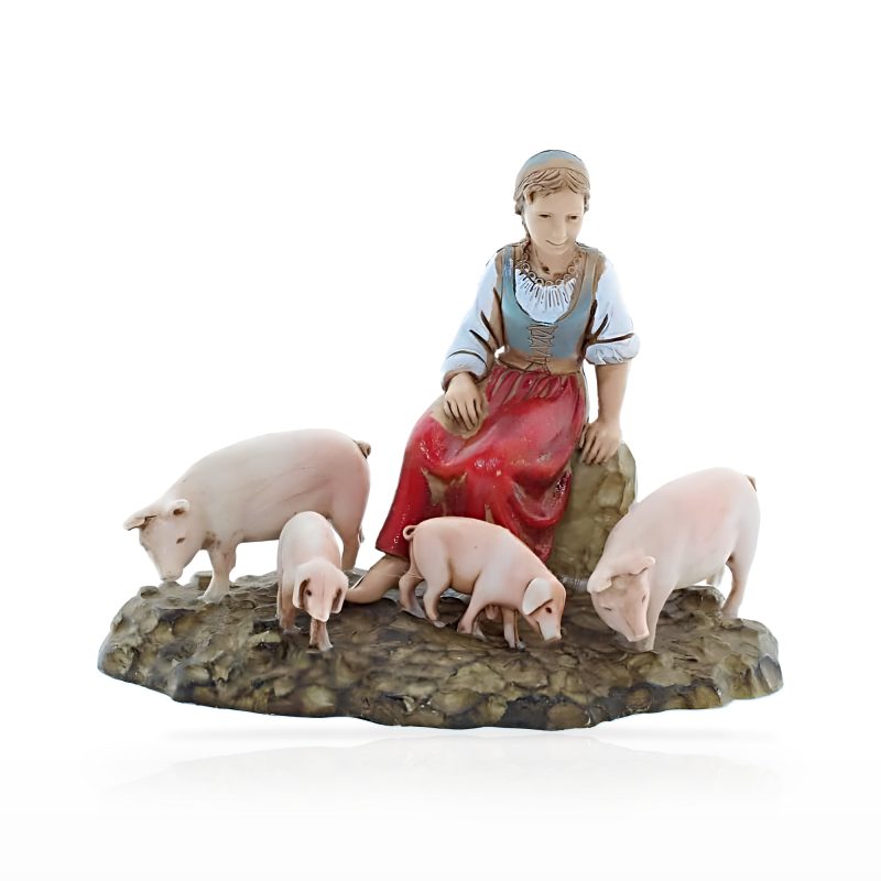 Set Scene Donna con Maiali e Zampognaro con Asino Standard 10 per Presepe in Scala 1:20 Stile Napoletano