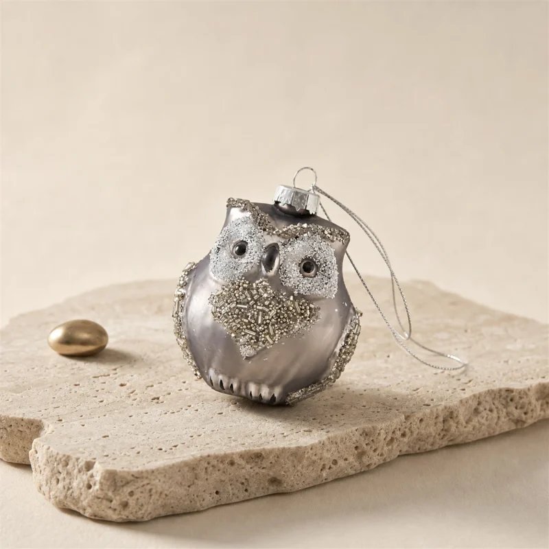Set 2 Gufetti in Vetro con Perline h 9 cm Argento