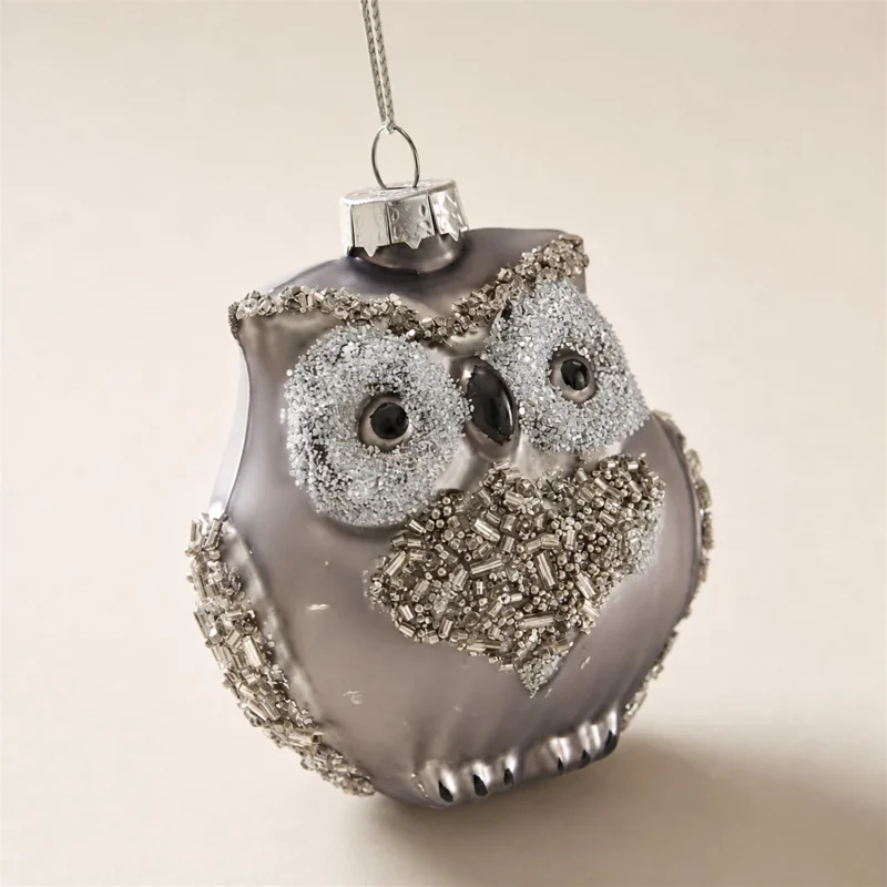 Set 2 Gufetti in Vetro con Perline h 9 cm Argento