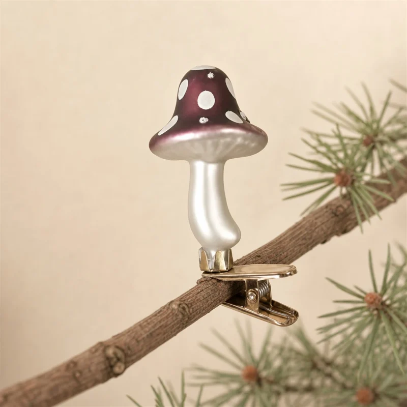 Set 3 funghi pois in vetro con clip h 9 cm bianco marsala