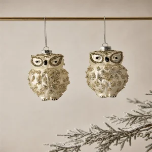 Set 2 civette decorate in vetro h 12 cm bianco