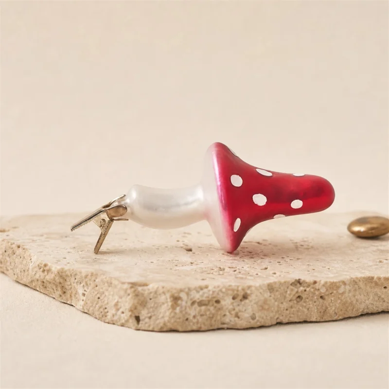 Set 3 funghi pois in vetro con clip h 13 cm bianco rosso