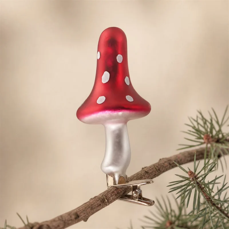 Set 3 funghi pois in vetro con clip h 13 cm bianco rosso