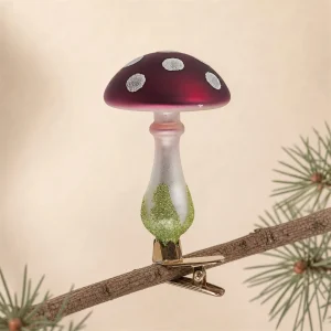Set 3 funghi pois in vetro con clip h 11 cm bianco marsala
