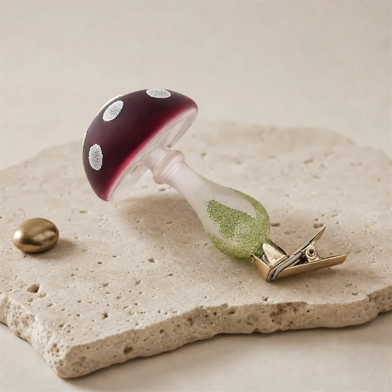 Set 3 polka dot mushrooms in glass with clip h 11 cm marsala white