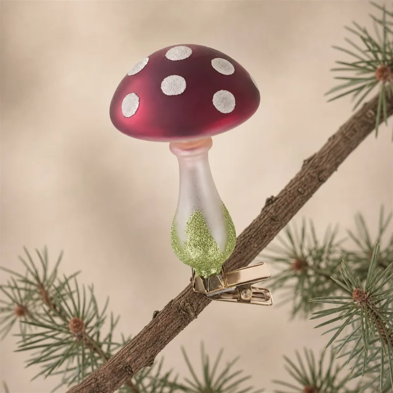 Set 3 polka dot mushrooms in glass with clip h 11 cm marsala white