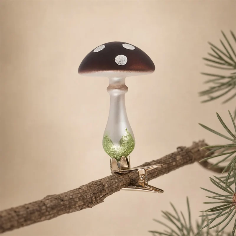 Set 3 champignons à pois en verre avec clip h 11 cm blanc marron