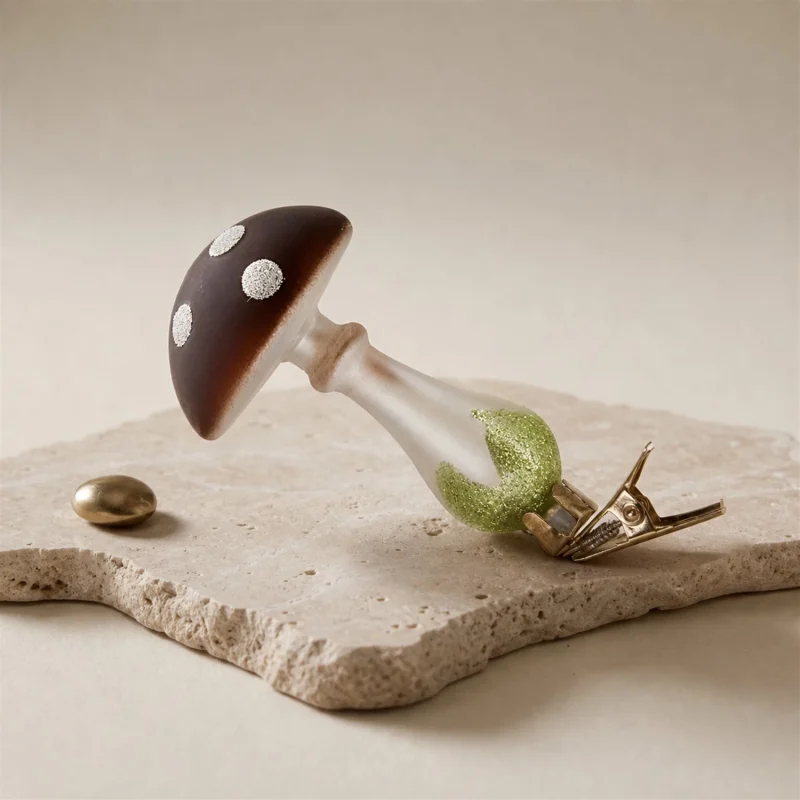 Set 3 champignons à pois en verre avec clip h 11 cm blanc marron