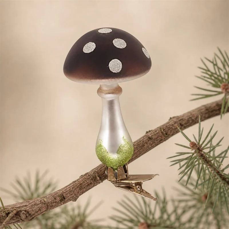 Set 3 champignons à pois en verre avec clip h 11 cm blanc marron