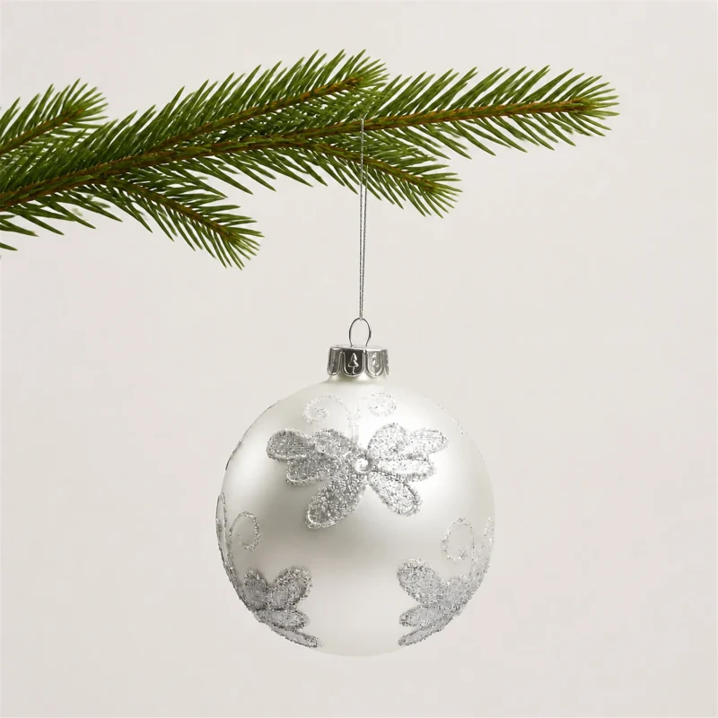 Set 3 sfere decorate Ø 80 mm bianche decor argento