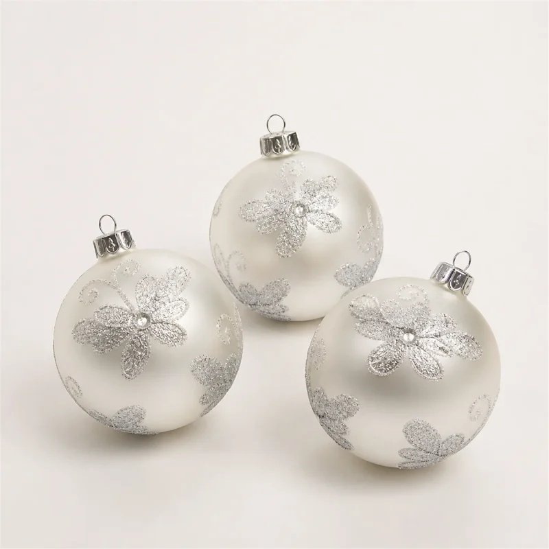 Set 3 sfere decorate Ø 80 mm bianche decor argento