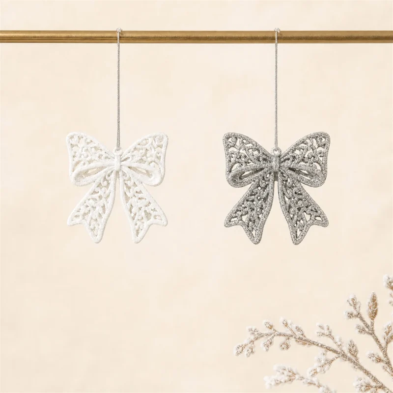 Set 4 silver white gift bow decorations h 9 cm