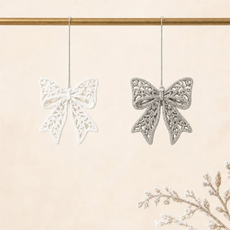 Set 4 silver white gift bow decorations h 9 cm