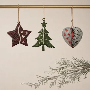 Set 3 Soggetti in metallo albero stella cuore Ø 6,5 cm