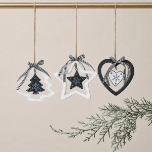 Set Albero stella e cuore in legno con decoro in metallo h 20 cm