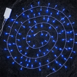 Catena 180 LED Blu – giochi luce memory – T.E. 6W – L 13 m – 31V – filo trasparente – uso esterno