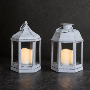 Lanterna Esagonale Grigia H 22 cm (2 forme assortite) – con candela LED – uso interno – batterie non incluse