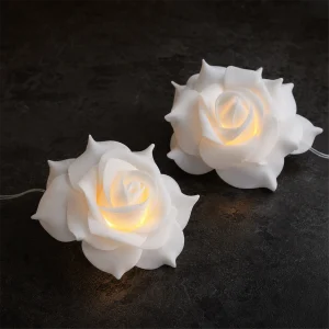 Set 2 Rose LED Bianche Ø 8 cm – 1 LED luce calda – luce fissa – a batteria – uso interno