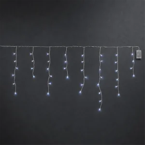 Stalattiti LED a Batteria – 72 LED Bianco Ghiaccio – giochi luce con timer (6h ON/18h OFF) – L 2,20 m × H max 80 cm – filo trasparente – a batteria – uso esterno