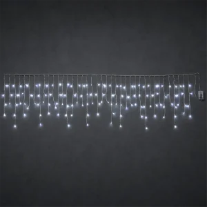 Stalattiti LED a Batteria – 180 LED Bianco Ghiaccio – giochi luce con timer (6h ON/18h OFF) – L 4,20 m × H max 50 cm – filo trasparente – a batteria – uso esterno