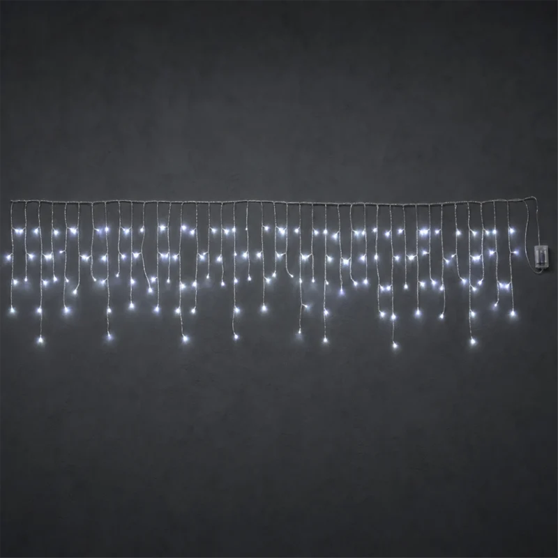 Estalactitas LED a pilas - 180 LEDs Blanco Hielo - juegos de luces con temporizador (6h ON/18h OFF) - L 4,20 m × H máx 50 cm - cable transparente - funciona con pilas - uso exterior